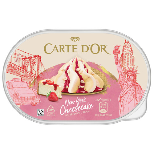 CARTE D'OR Tarrina de helado sabor a tarta de queso y helado sabor a galleta con salsa de fresa CARTE D´OR 900 ml.