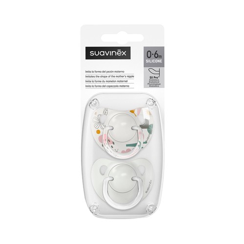 SUAVINEX Chupete con tetina anatómica de silicona, de 0 a 6 meses 2 uds.