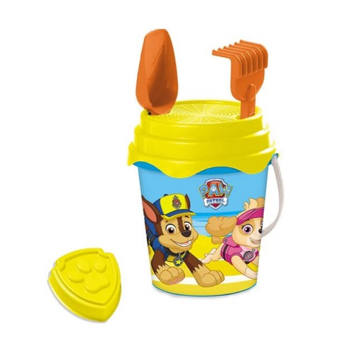Cubo de playa PATRULLA CANICA para hacer castillos con pala, rastrillo y moldes. MONDO