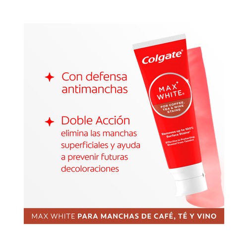 COLGATE Max white for coffe, te & wine Pasta de dientes blanqueante, especial manchas de vino o café 75 ml.