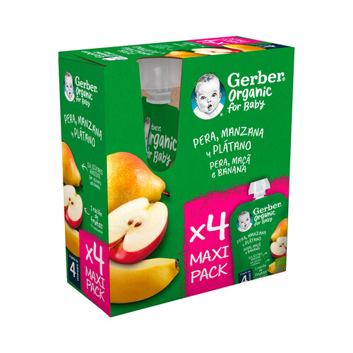 GERBER Bolsitas de frutas (pera, manzana y plátano), a paritr de 4 meses GERBER Organic 4 x 90 g.