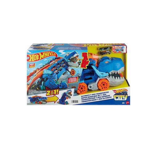 HOT WHEELS City Camión T-Rex definitivo Dinosaurio transporte y pista para coches de juguete, incluye 2 vehículos, +4 años (MATTEL HNG50)
