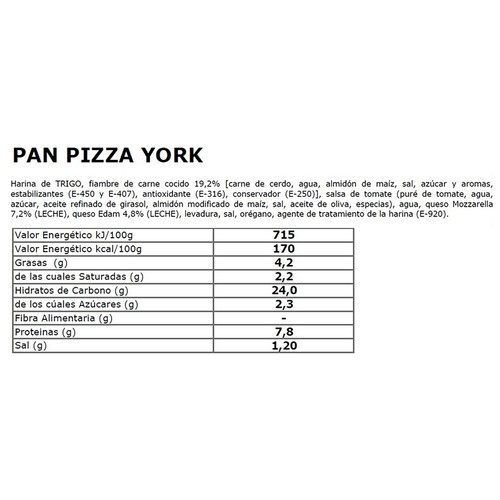 LA NIÑA DEL SUR Pan pizza de salsa de tomate, mezcla de quesos y jamón york 180 g.