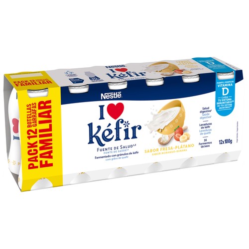 NESTLÉ Kéfir líquido con sabor a fresa-plátano 12 x 97 ml.