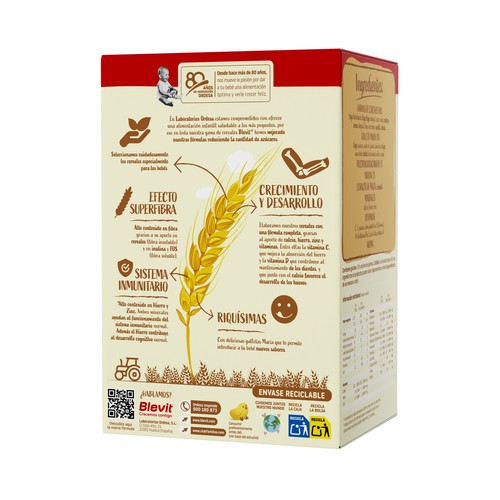 BLEVIT Superfibra Papilla de 8 cereales con galleta Maria, a partir de 5 meses 500 g.