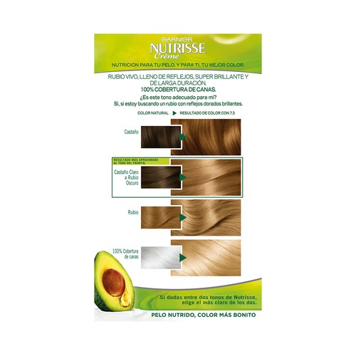 Tinte de pelo permanente color rubio dorado, tono 7.3 GARNIER Nutrisse créme.