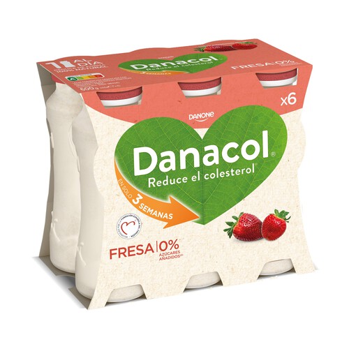 DANACOL Leche fermentada desnatada con edulcorantes, esteroles vegetales añadidos y sabor a fresa de Danone 6 x 100 g