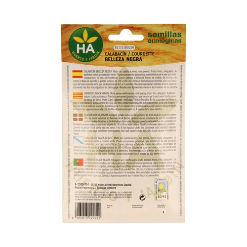 Semillas ecológicas para sembrar calabacín de la variedad belleza negra HA-HUERTO Y JARDÍN 4 gramos.