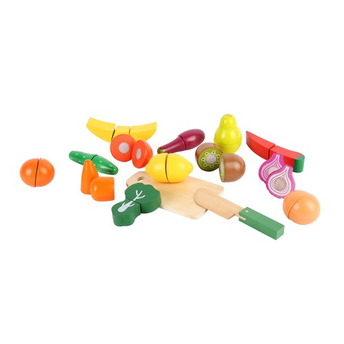 Cubo con 15 juguetes de comida de madera, ONE TWO FUN ALCAMPO.