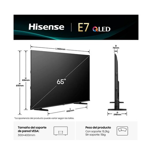 Televisión de 164 cm (65") QLED HISENSE 65E7K,4K, Ultra HD,SMART TV , VIDAA