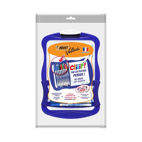 Conjunto completo incluye una pizarra de doble cara, ocho bolígrafos de borrado en seco surtidos con puntas finas, BIC.