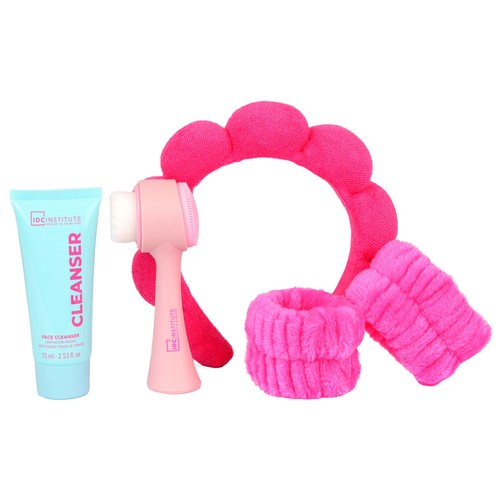 IDC INSTITUTE Estuche con limpiador facial (75 ml) + cepillo limpiador electrónico + diadema + 2 coleteros.