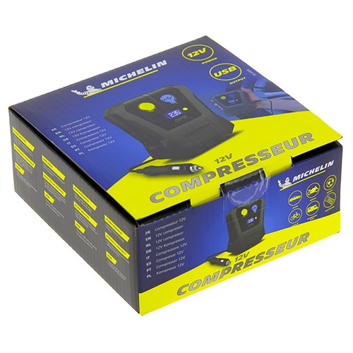 Mini compresor de aire para 12V, MICHELÍN, conector 12V, USB, hasta 7 litros por minuto.