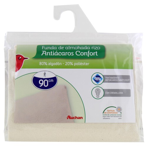 Funda protectora de almohada 80% algodón 20% poliéster, elástica antiácaros, 90 centímetros PRODUCTO ALCAMPO.