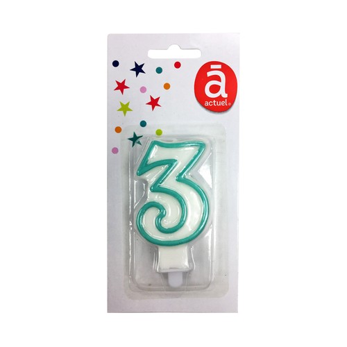Vela de cumpleaños nº 3 blanca con contorno azul, ACTUEL.