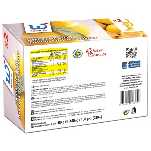 NORDWIK Limón relleno de delicioso helado con sabor a limón 2 x 140 ml.