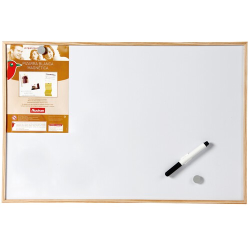 Pizarra mágnetica de color blanco, con marco de madera y medidas
