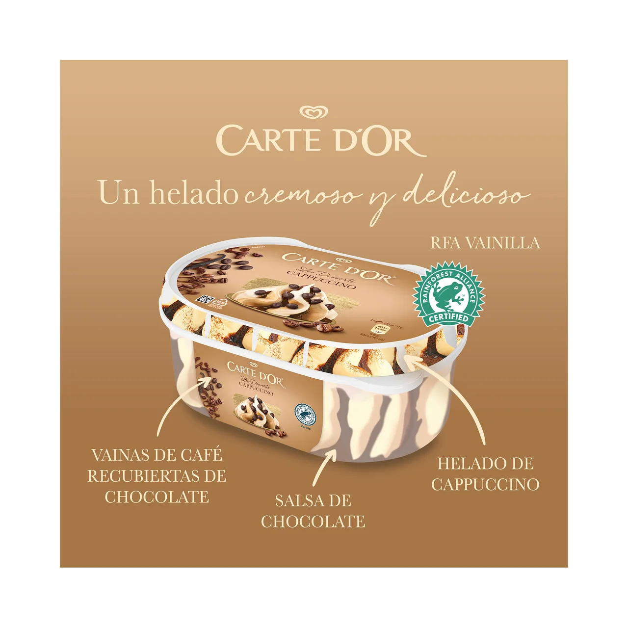 CARTE D´OR Les desseerts Tarrina de helado vainilla y café con salsa de chocolate 825 ml.