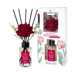 Imagen de AMBAR Ambientador perfumador de varillas con flor (Mikado), con aroma a pétalos de rosa 75 ml.