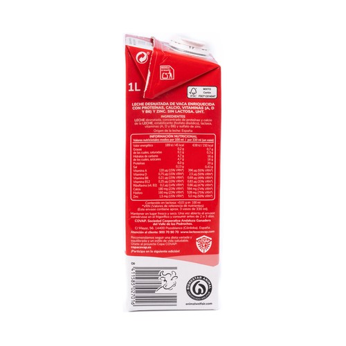 COVAP Leche desnatada sin lactosa, con alto contenido en calcio y proteínas (20 g) 1 l.
