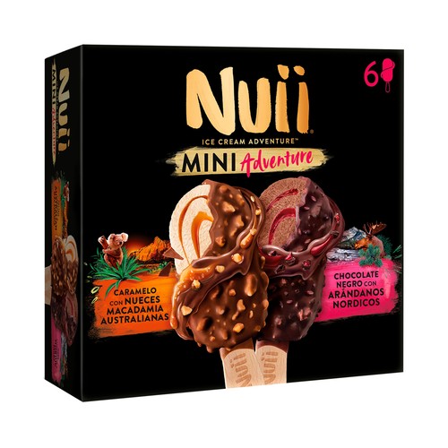 NUII Mini helados de caramelo con nueces Macadamia (3) y de arándanos nórdicos (3), recubiertos de chocolate 6 x 55 ml.