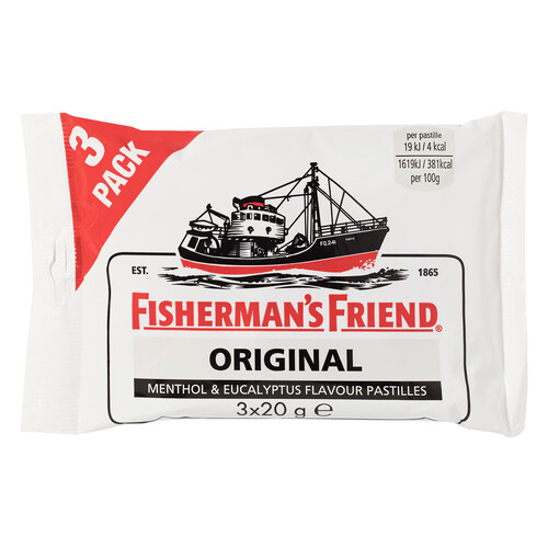 FISHERMAN`S FRIEND Caramelo comprimido sabor menta y eucalipto, con azúcar FISHERMAN'S FRIEND pack de 3 x 20 g.