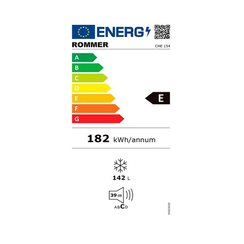 Arcón congelador ROMMER CHE 154, color banco, clasificación energética: E, H: 83,5cm, A: 63,5cm, F: 56cm, capacidad total: 142L.