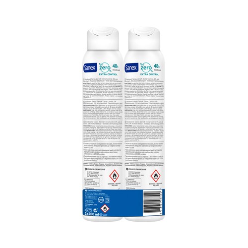 SANEX Desodorante en spray para mujer sin alcohol y sin sales de aluminio SANEX Zero % extra control 2 x 200 ml.