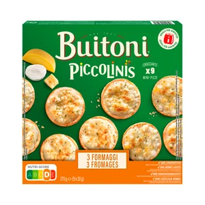 PICCOLINIS de Buitoni Mini pizzas 3 quesos (mozzarella, emmental y queso curado) 9 x 30 g.