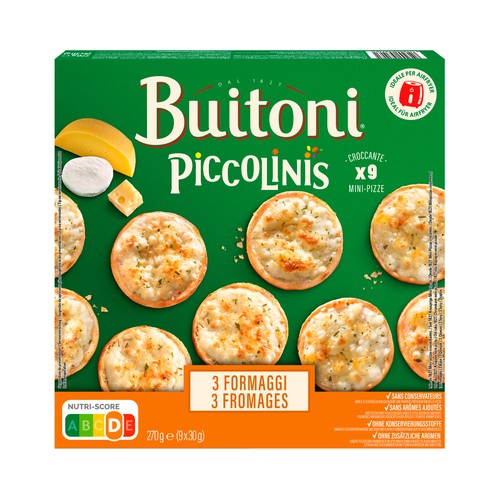 PICCOLINIS de Buitoni Mini pizzas 3 quesos (mozzarella, emmental y queso curado) 9 x 30 g.