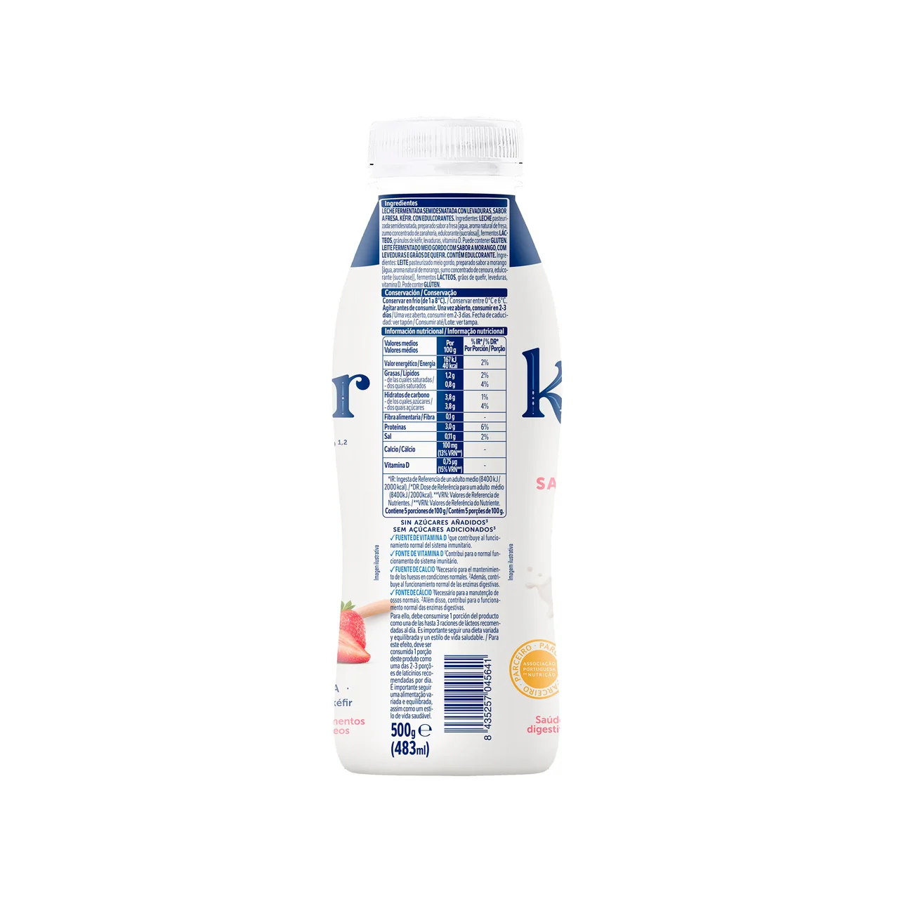 Kéfir líquido con sabor a fresa, sin azúcares añadidos 499 ml.