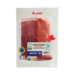AUCHAN Jamón serrano reserva (12 meses de curación) cortado en lonchas 250 g Producto Alcampo.
