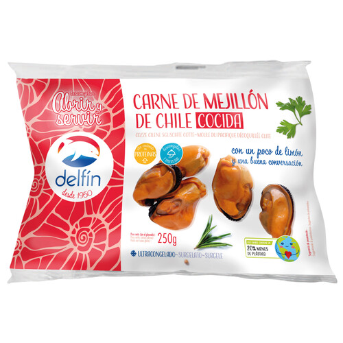 DELFÍN Carne de mejillón de Chile, cocida y ultracongelada DELFÍN 250 g.