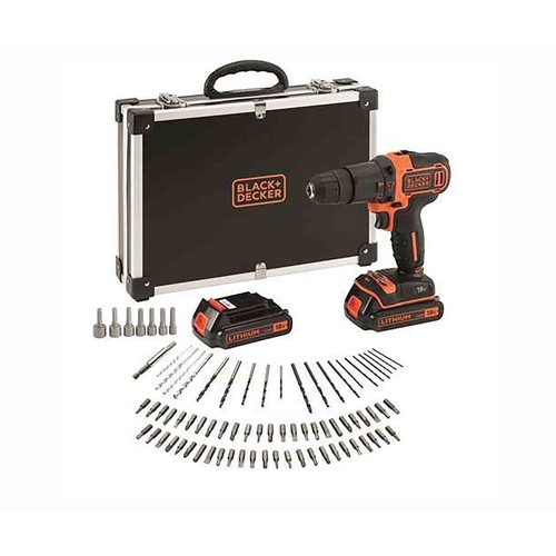 Taladro percutor 18V con 2 baterías, 80 accesorios, BLACK + DECKER.
