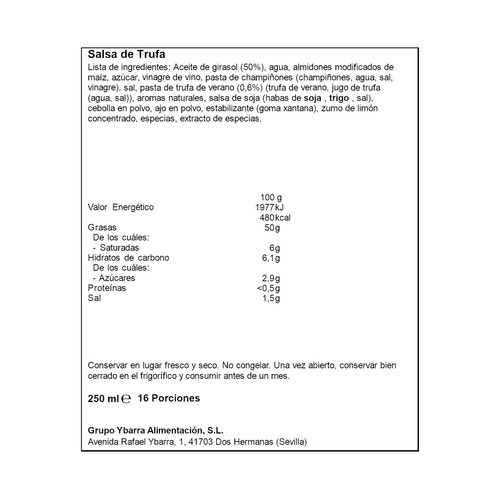 YBARRA Salsa trufa,sin conservantes ni colorantes 250 ml