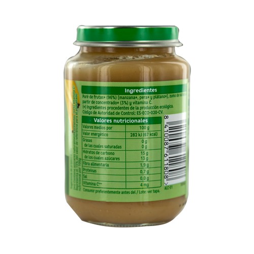 ALCAMPO BABY Bio Tarrito multifrutas (manzana, pera, plátano y naranja) a partir de 4 meses 200 g.