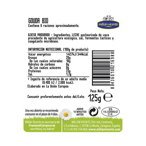 MILLÁN VICENTE Queso en lonchas Gouda ecológico MILLÁN VICENTE 125 g.