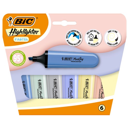 Set 6 Subrayadores Brite Liner Flat Pastel. BIC
