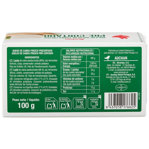AUCHAN Queso de rulo de cabra precortado 100 g Producto Alcampo.