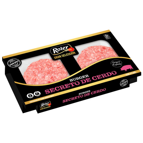 Alcampo ROLER Gran selección Bandeja con burger meat de secreto de cerdo de origen español 2 x 120 g