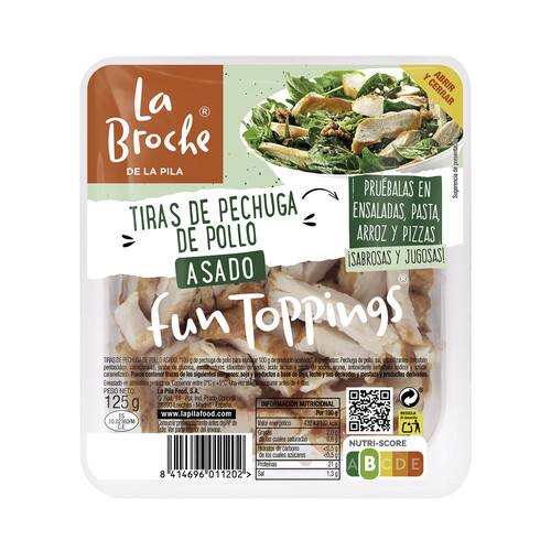 Tiras de pechuga de pollo asado, ideales para ensaladas, arroces y pizzas LA BROCHE 125 g.