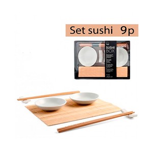 Imagen de Juego de 9 piezas para Shushi de porcelana y bambú con esterilla para Makis, 21x25cm, PENGO