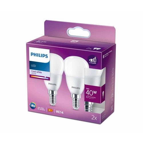 Pack de 2 bombillas Led E14, 5W=40W, luz neutra 4000K, 470lm, PHILIPS