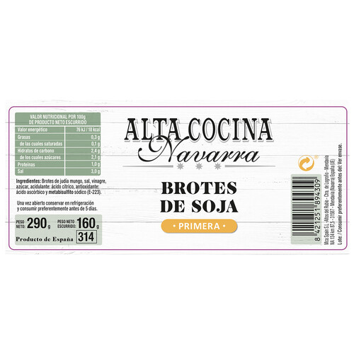 ALTA COCINA Brotes de soja frasco de 150 g.