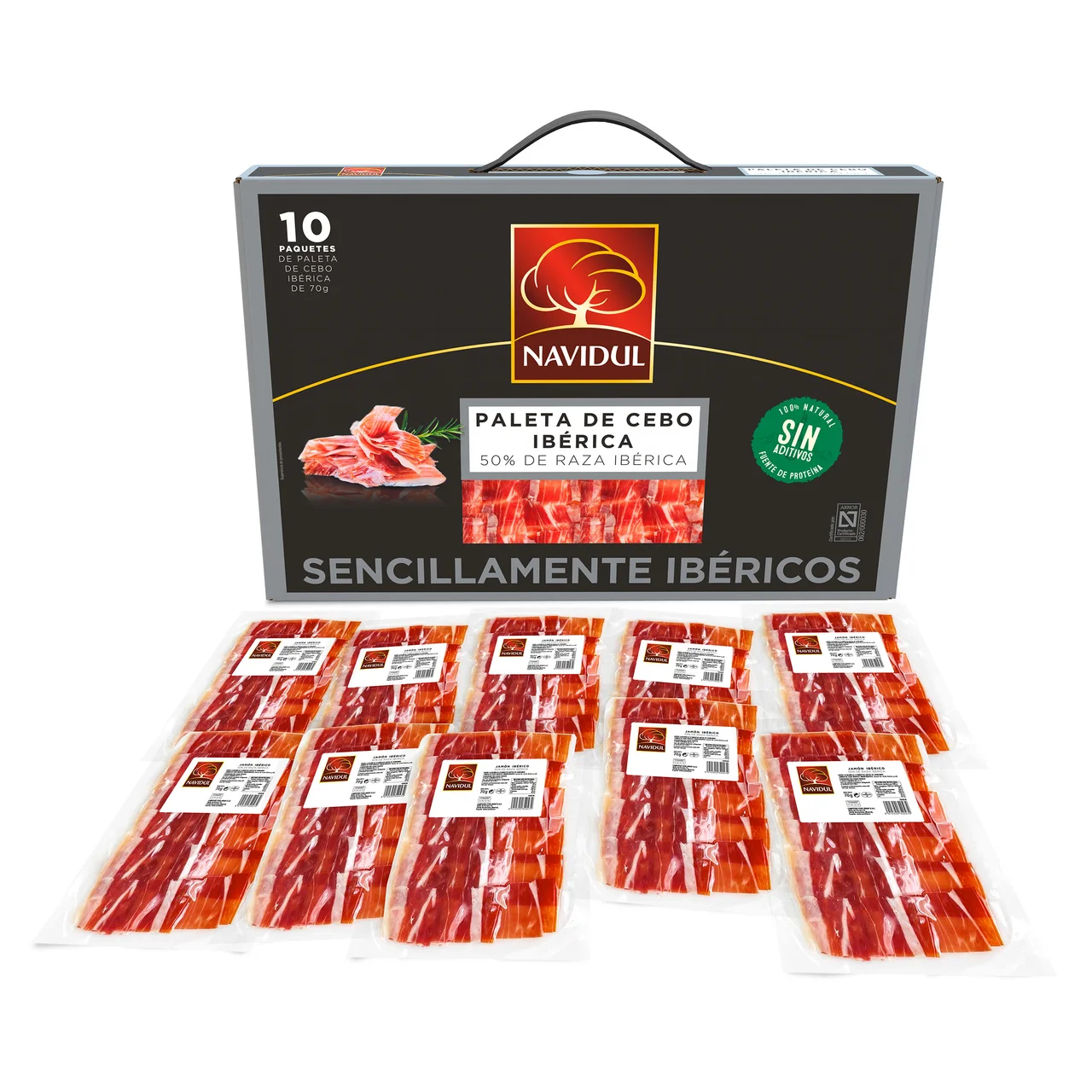 Maletín con 10 sobres de 70 g. de paleta de cebo ibérica (50% raza ibérica), cortada en lonchas.