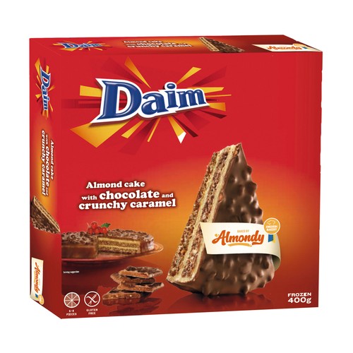 ALMONDY Tarta de chocolate con trozos de caramelo crocante bañados en chocolate de leche, sin gluten 400 g.