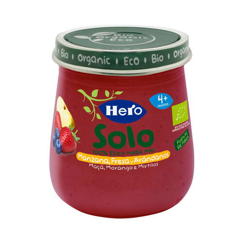 HERO Solo Tarrito de frutas (manzana, fresa y arándanos) ecológicas, a partir de 4 meses 120 g.