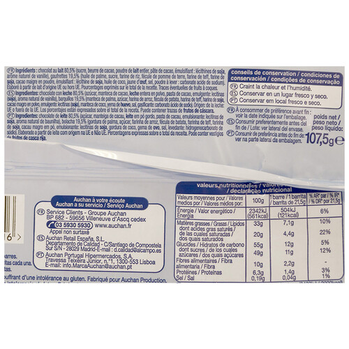 ALCAMPO Barritas de chocolate sin gluten ALCAMPO 5 uds 107,5 g.