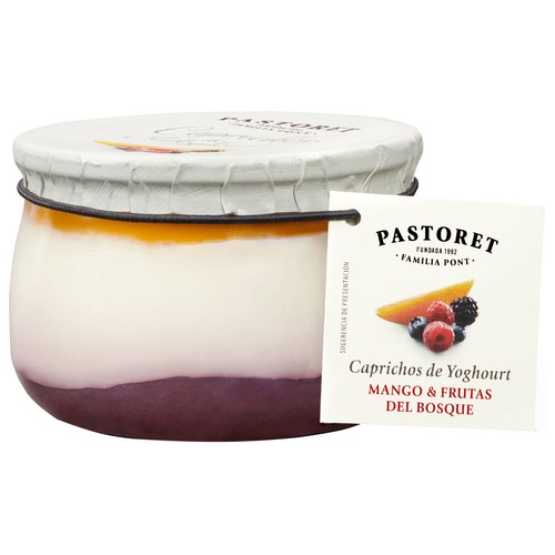 PASTORET Caprichos de yogur Yogur griego cremoso natural azucarado, con mango y frutas del bosque 150 g.