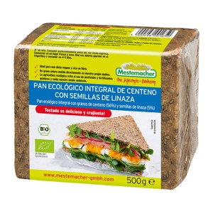 MESTEMACHER Pan ecológico integral de centeno con semillas de linaza 500 g.
